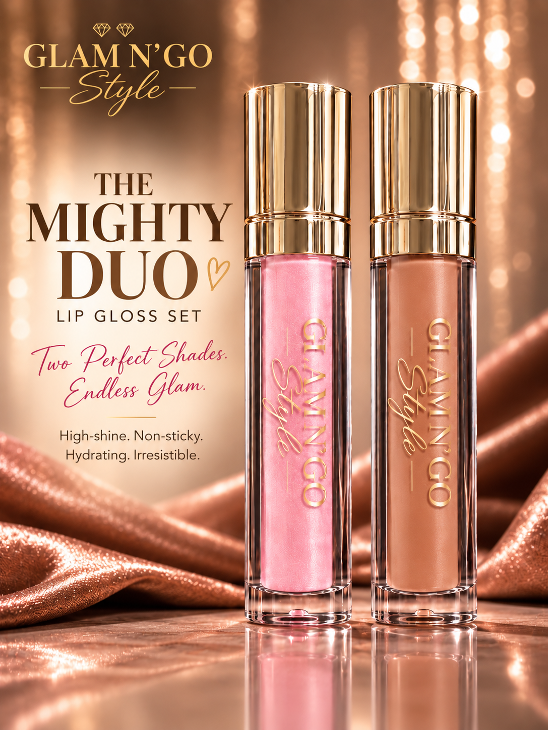 Pink Kiss and Coco Crush lip gloss tubes with gold caps on bronze satin, titled The Mighty Duo