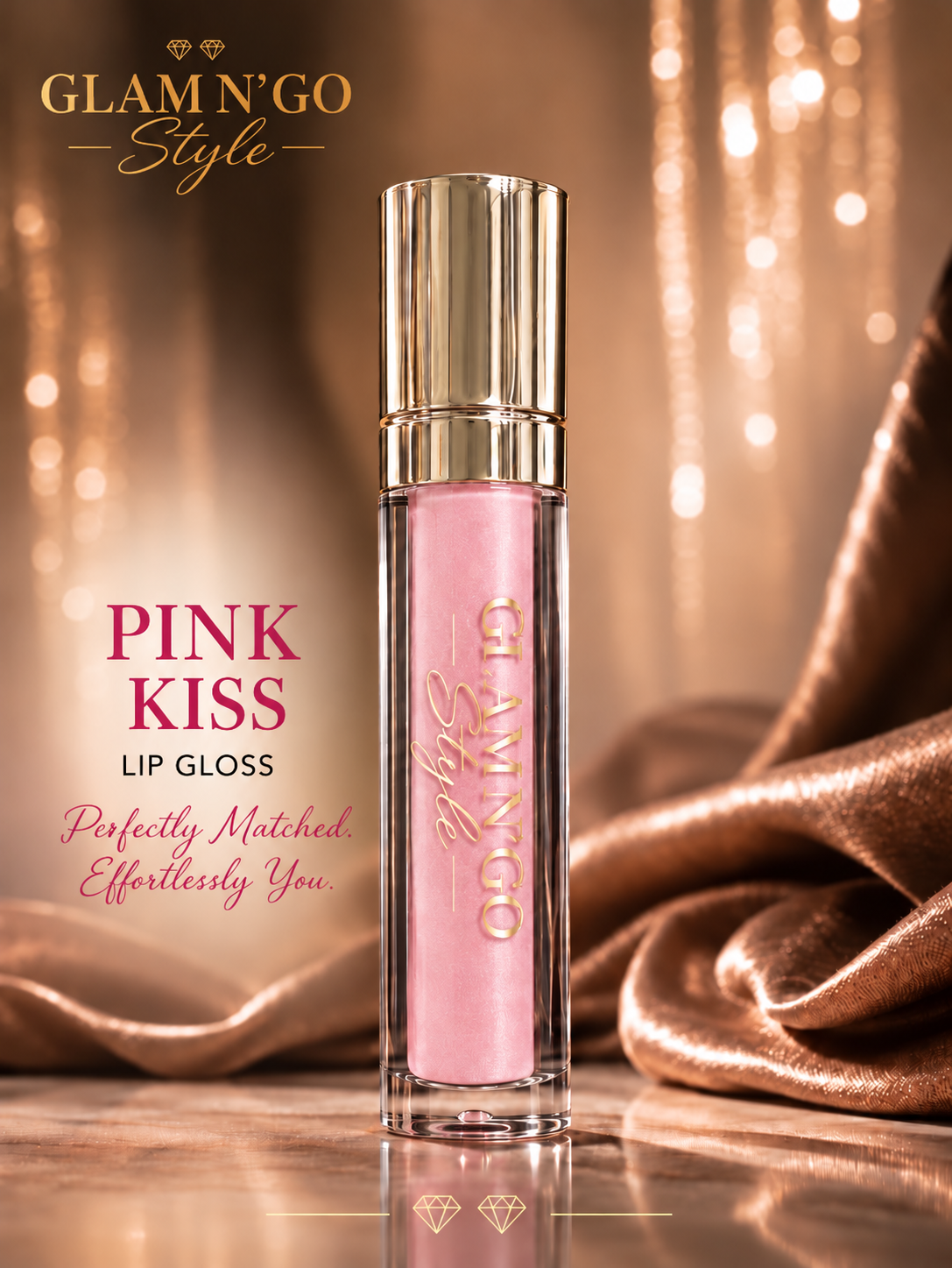 Pink Kiss soft pink lip gloss in a gold-capped tube against a bronze satin background