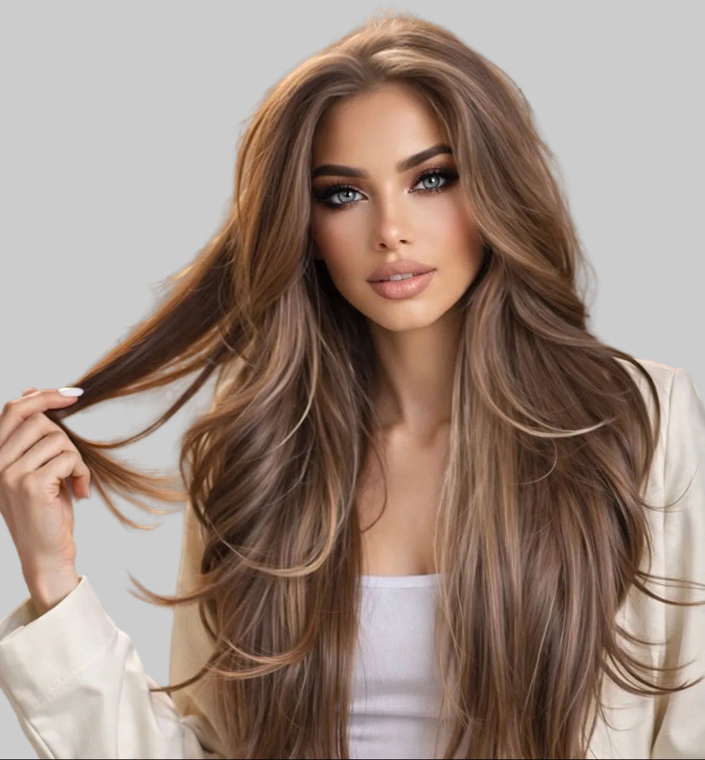 Woman with long, wavy hair against a sparkling background
