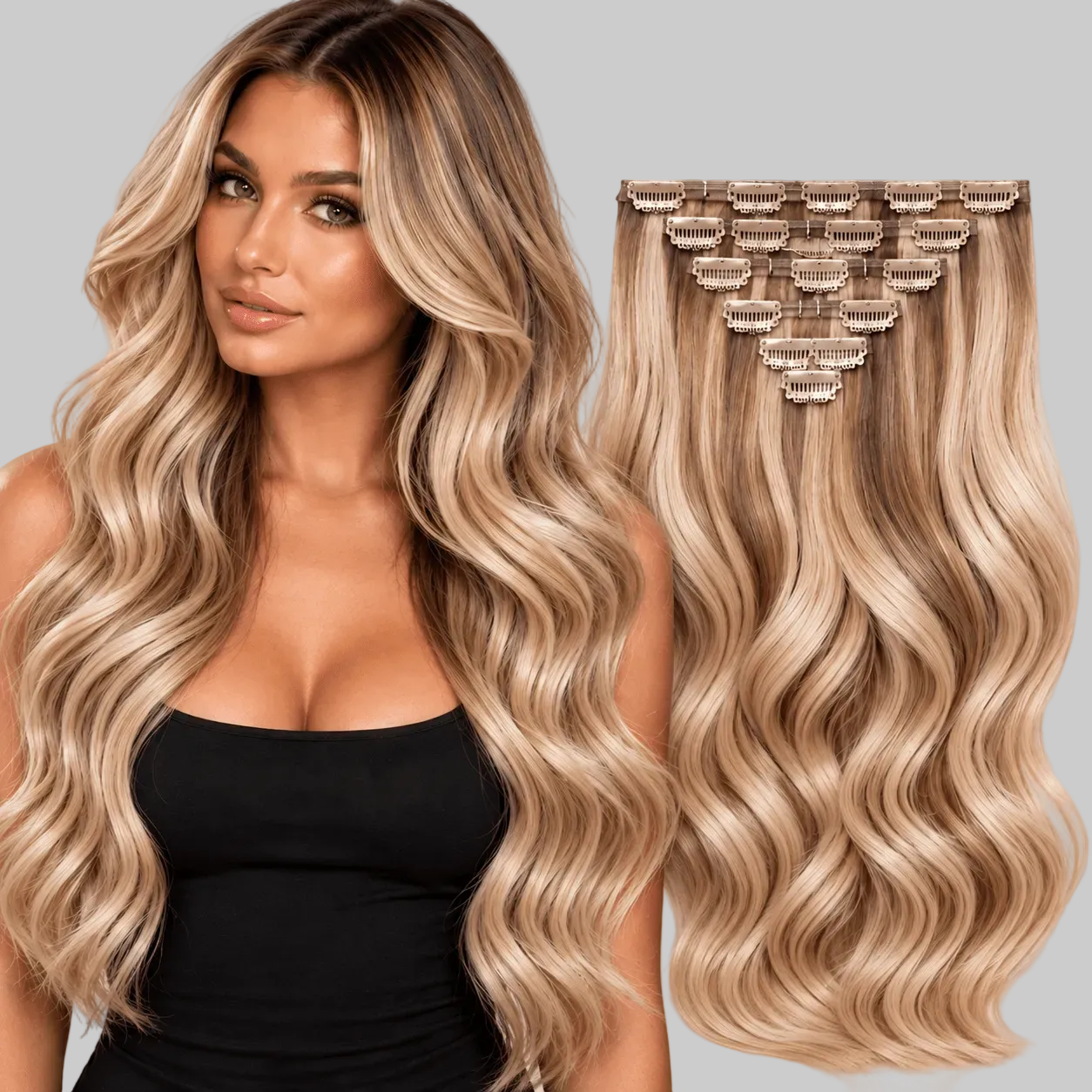 22" Seamless Clip-In Human Hair Extensions | 100% Remy Double Drawn | Balayage Blonde/Brown - Glam N' Go Style
