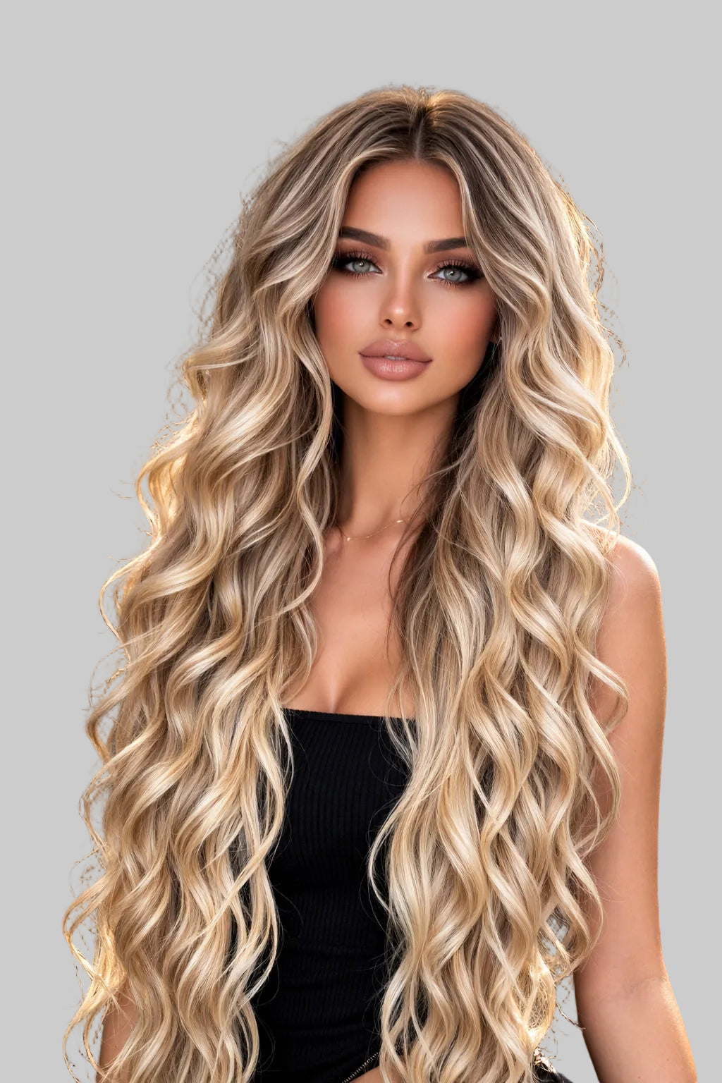 Woman with long, wavy blonde hair against a sparkling gold background