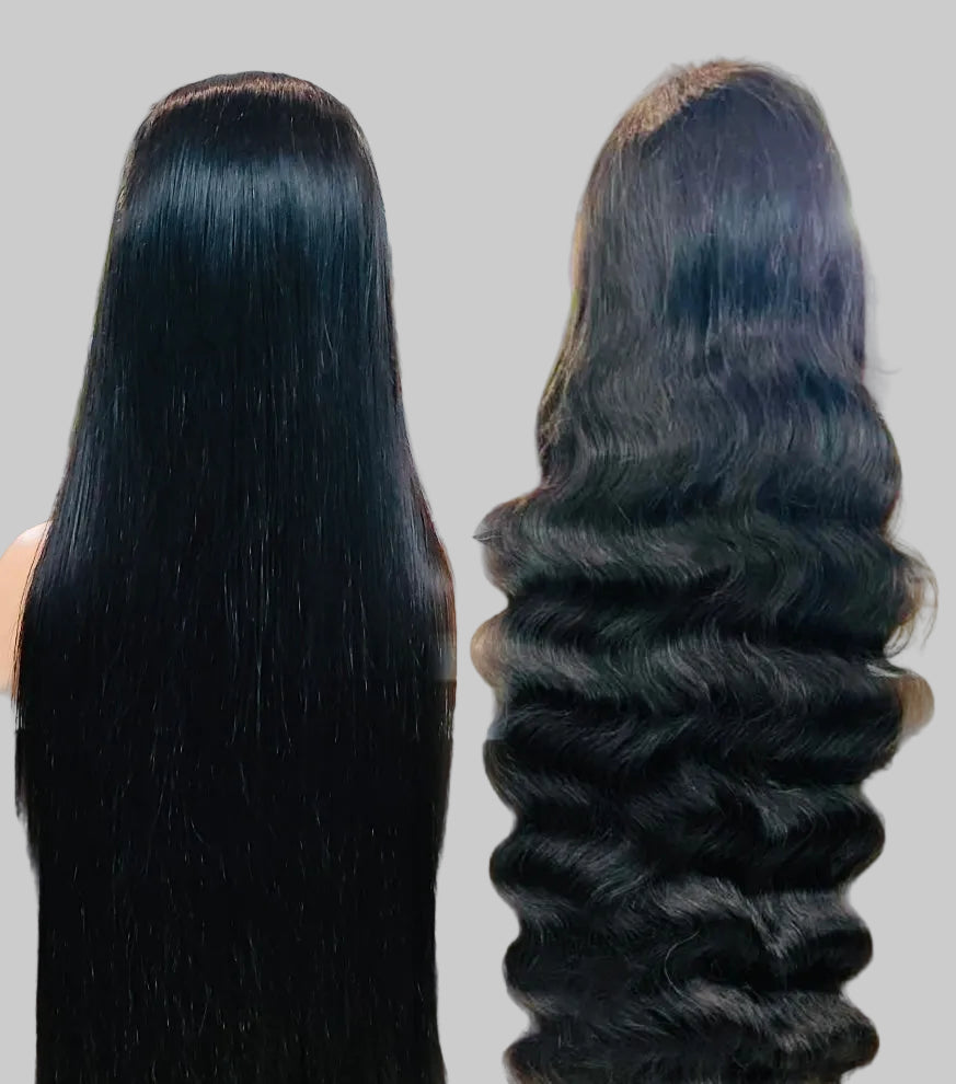 Two hair extensions, one straight and one wavy, displayed side by side.