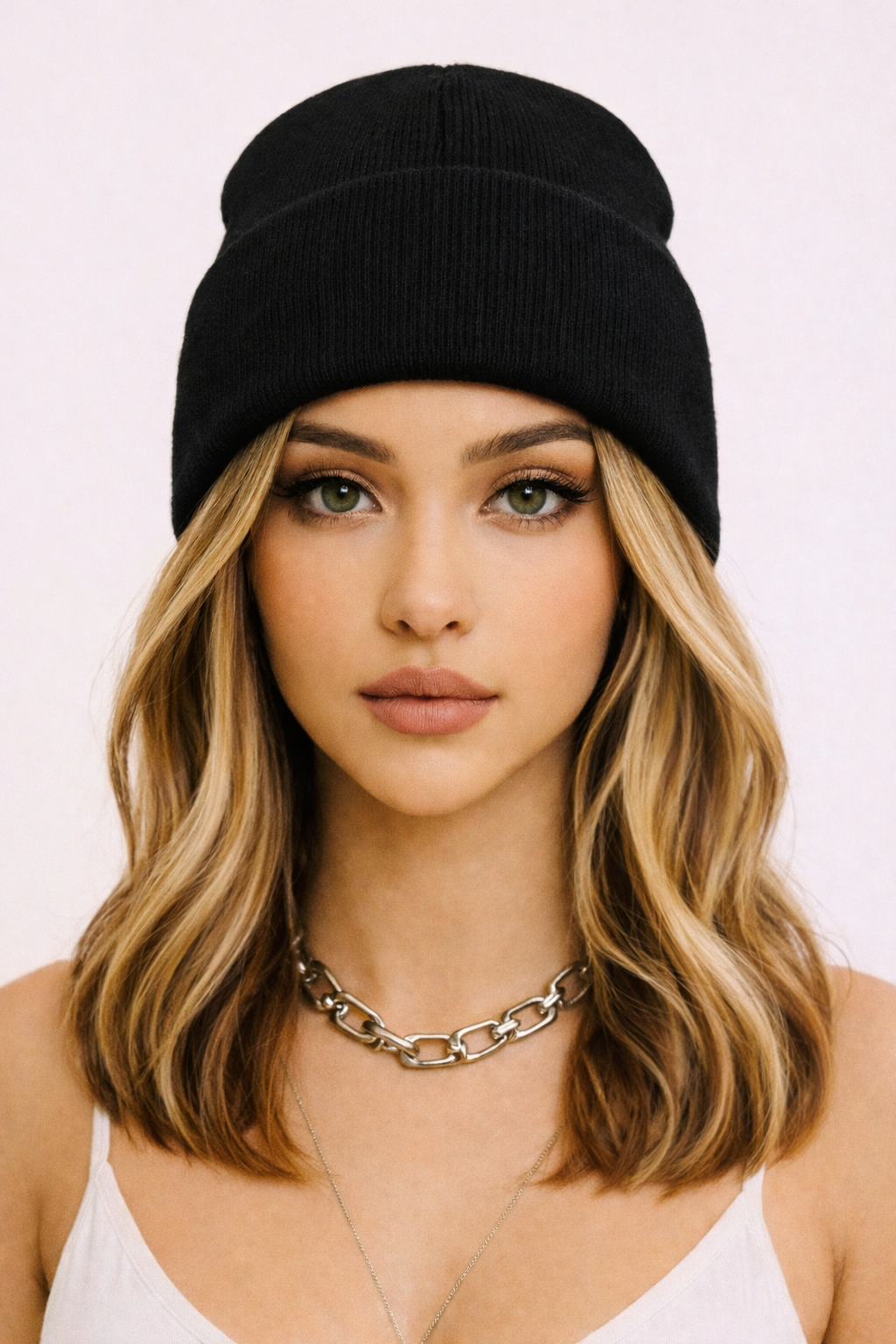 Black Beanie Wig- Blonde Shoulder Length Hair