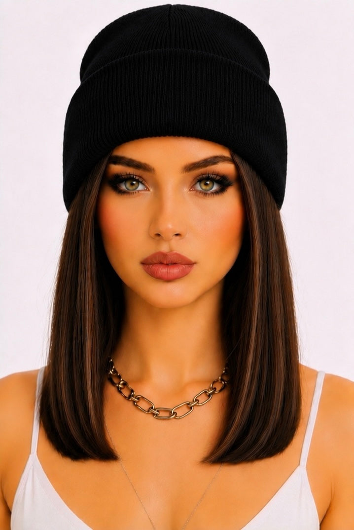 Gorgeous Medium Brown Hair with Beanie Wig- Shoulder Length Hair 12"