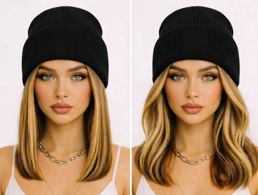 Gorgeous Honey Blonde Hair with Beanie Wig- Shoulder Length Hair 12"