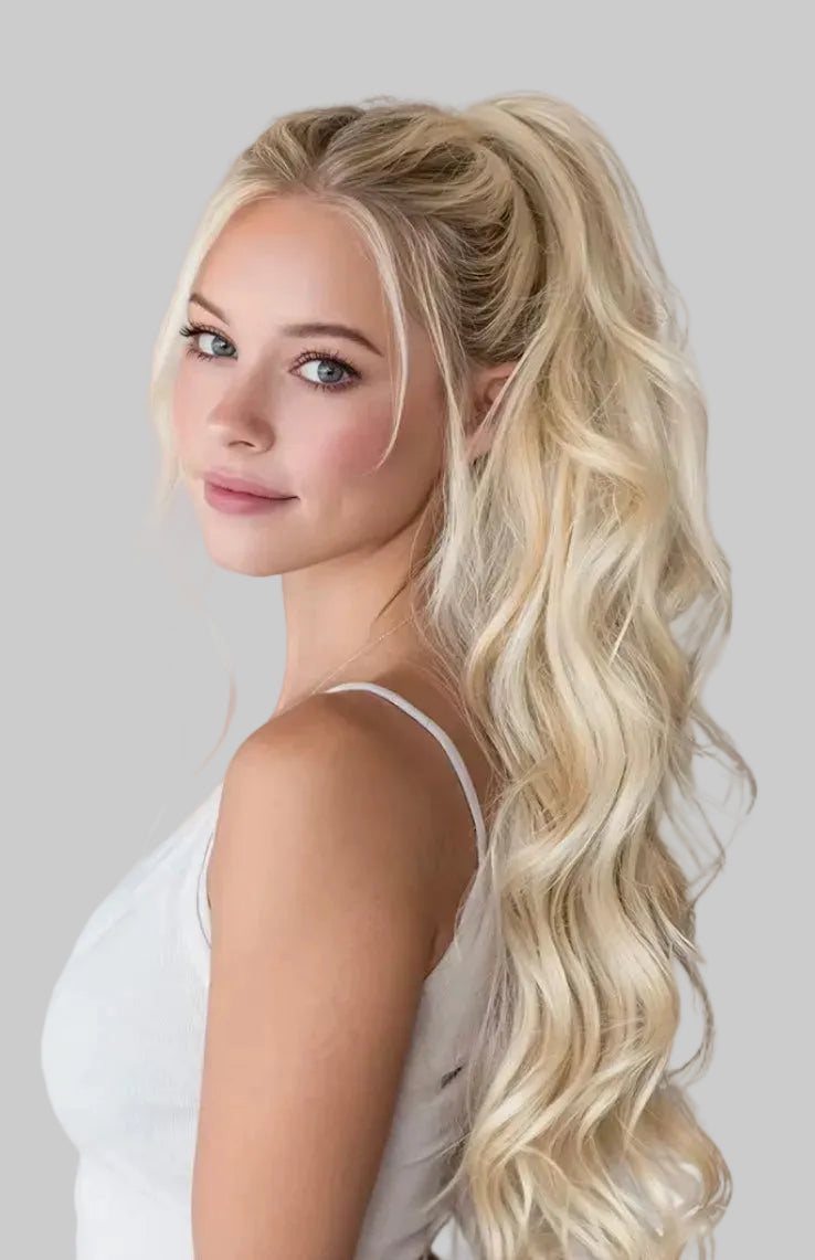 Woman with long, wavy blonde hair styled in an elegant updo against a white background