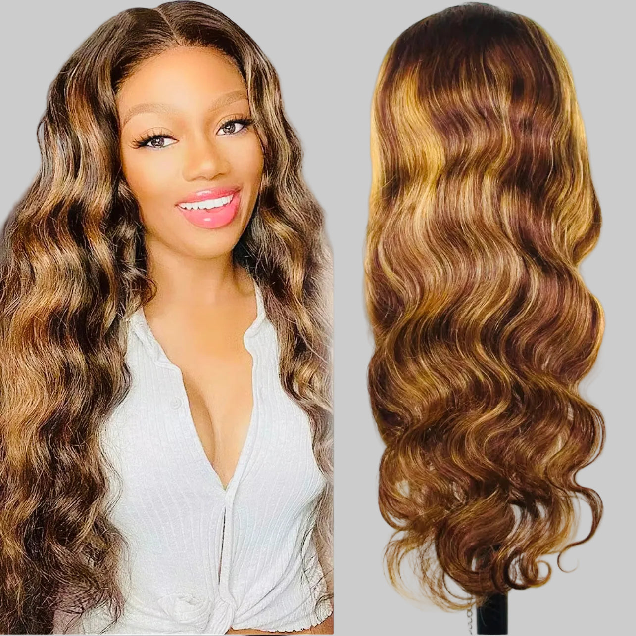 13×4 Human Hair Full HD Lace Front Wig Chestnut Brown with Highlights 18 Inch Straight & Wavy 20 Inch (BEST SELLING BUNDLE PACKAGE - 2 WIGS)