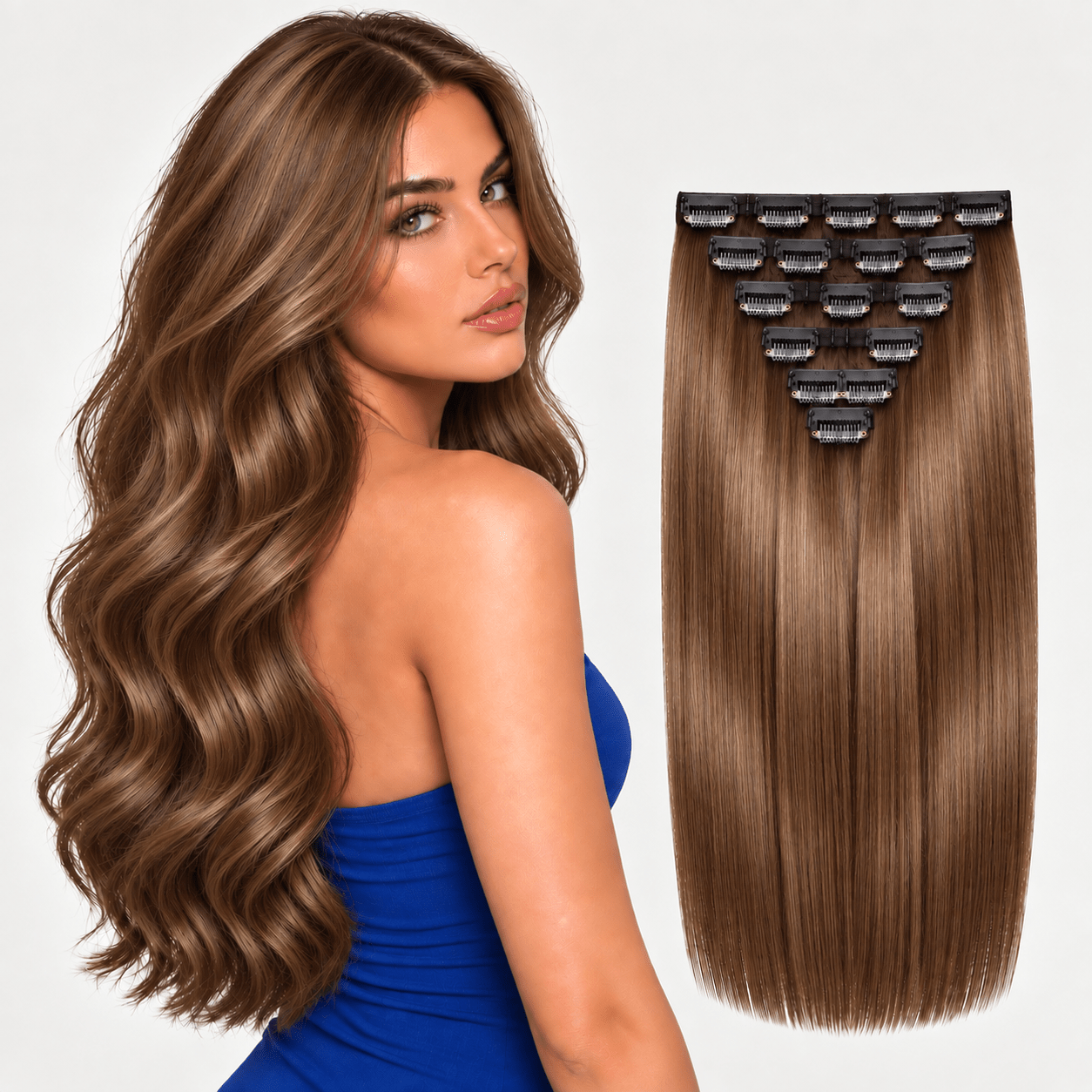 22" Seamless Clip-In Human Hair Extensions | 100% Remy Double Drawn | Light Brown - Glam N' Go Style