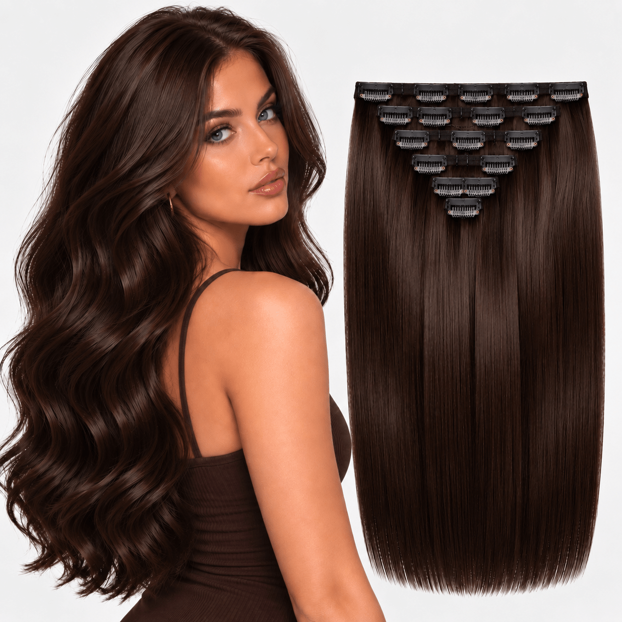 22" Seamless Clip-In Human Hair Extensions | 100% Remy Double Drawn | Dark Brown - Glam N' Go Style