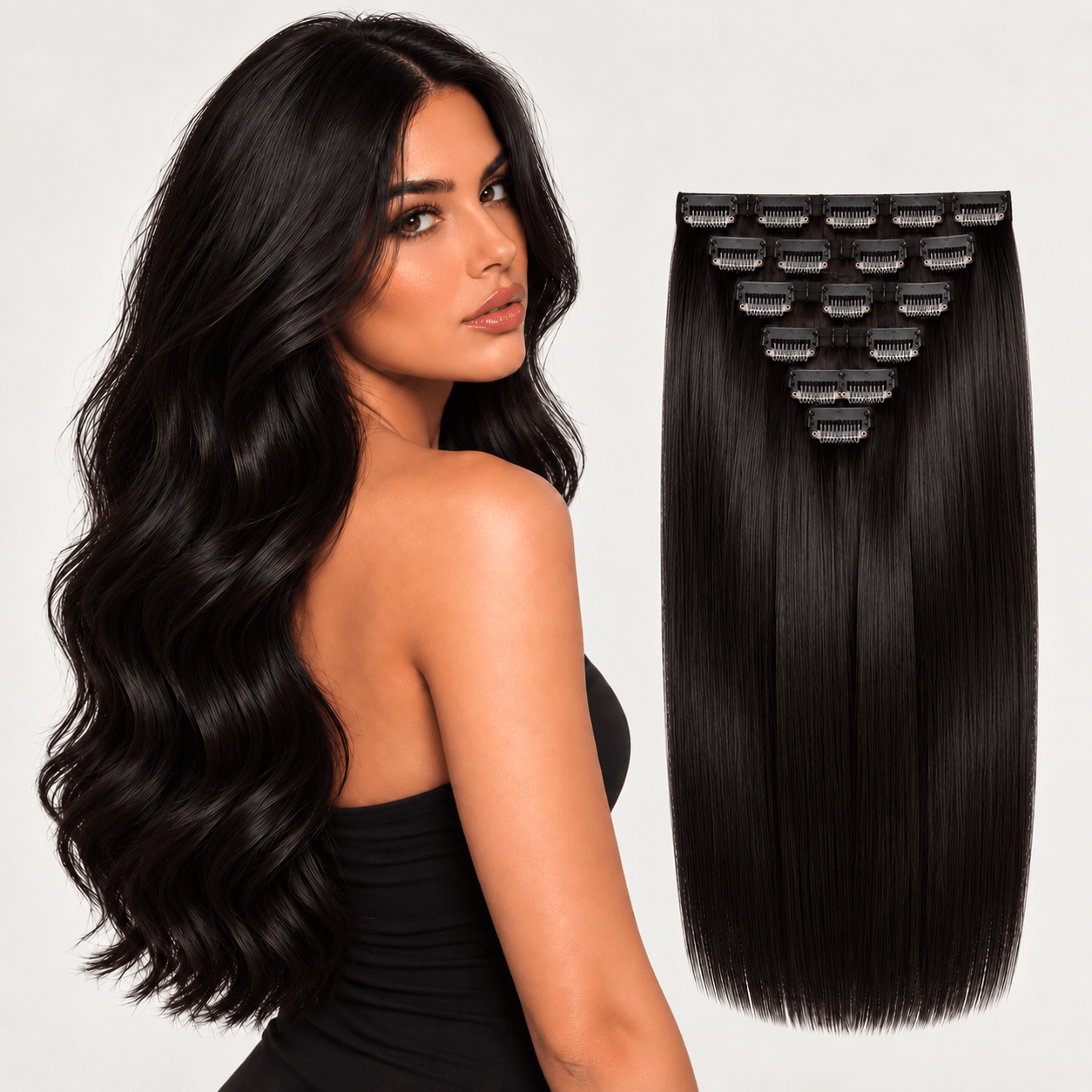 22" Seamless Clip-In Human Hair Extensions | 100% Remy Double Drawn | Natural Black - Glam N' Go Style