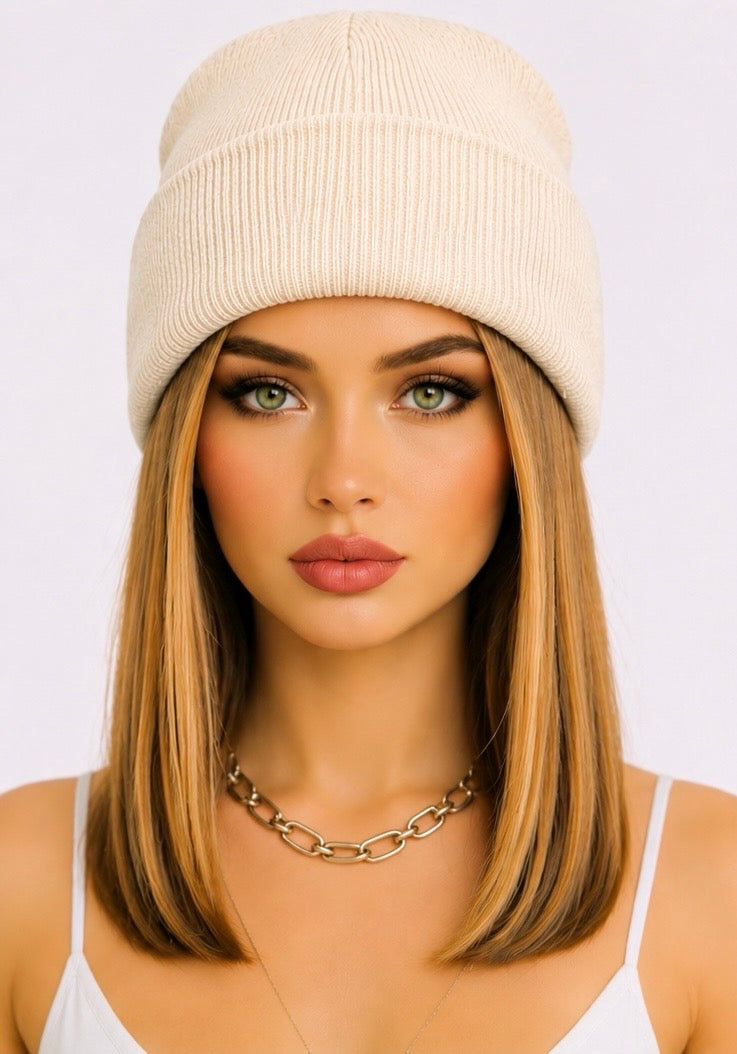 Gorgeous Honey Blonde Hair with Beanie Wig- Shoulder Length Hair 12"