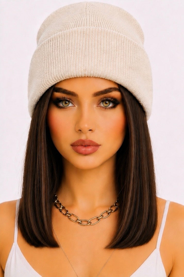 Gorgeous Medium Brown Hair with Beanie Wig- Shoulder Length Hair 12"
