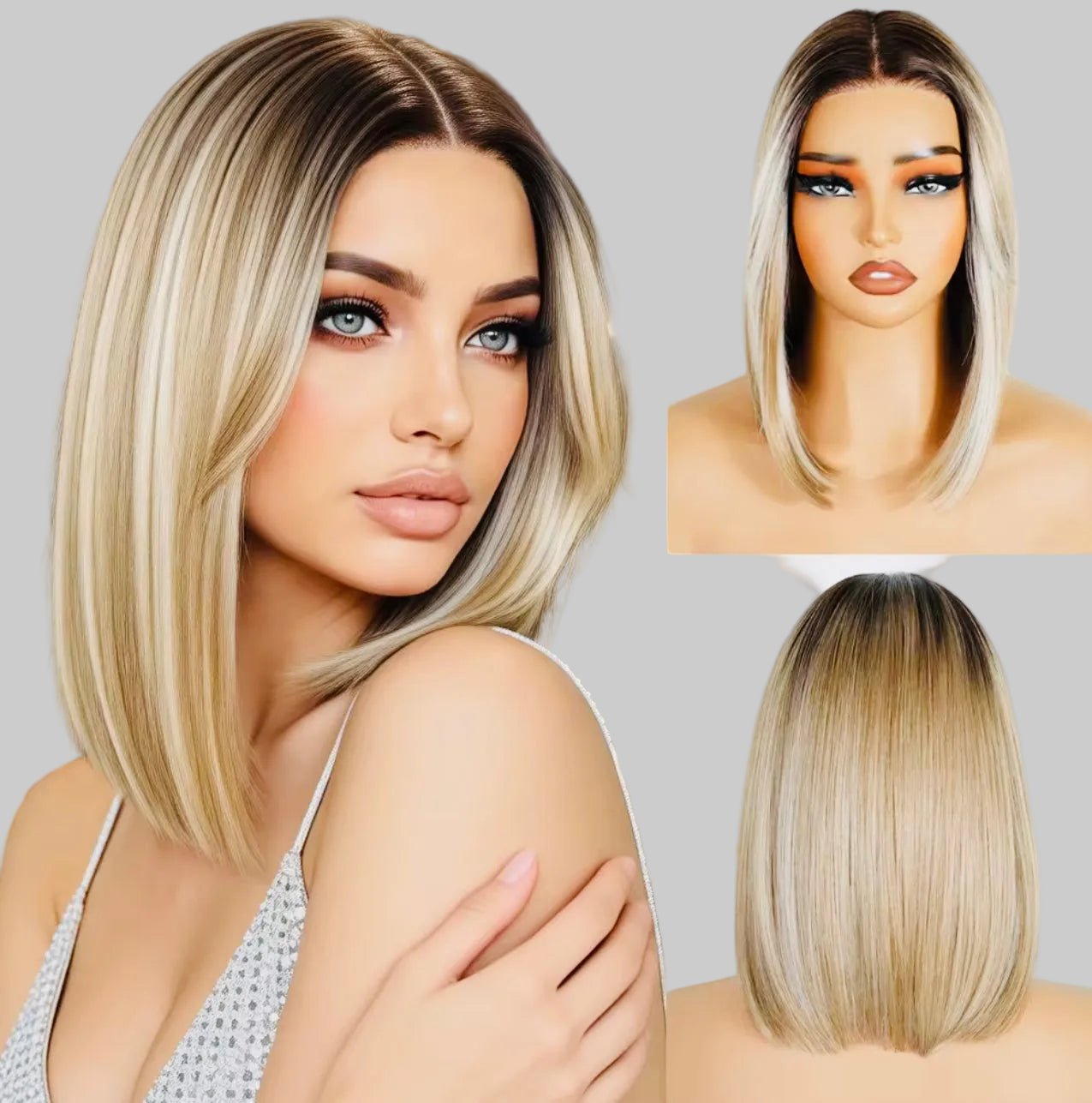 Woman with blonde hair next to a mannequin head and close-up of hair on a white background