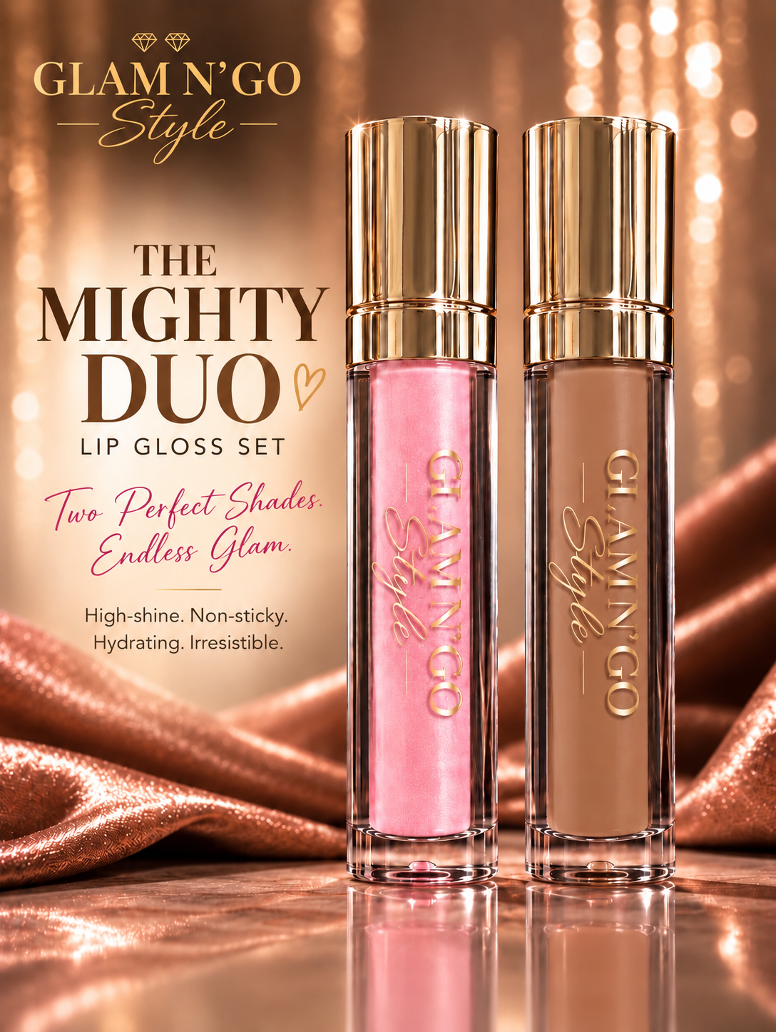 hty Duo lip gloss set with Pink Kiss soft pink and Coco Crush brown nude glosses in gold-capped tubes