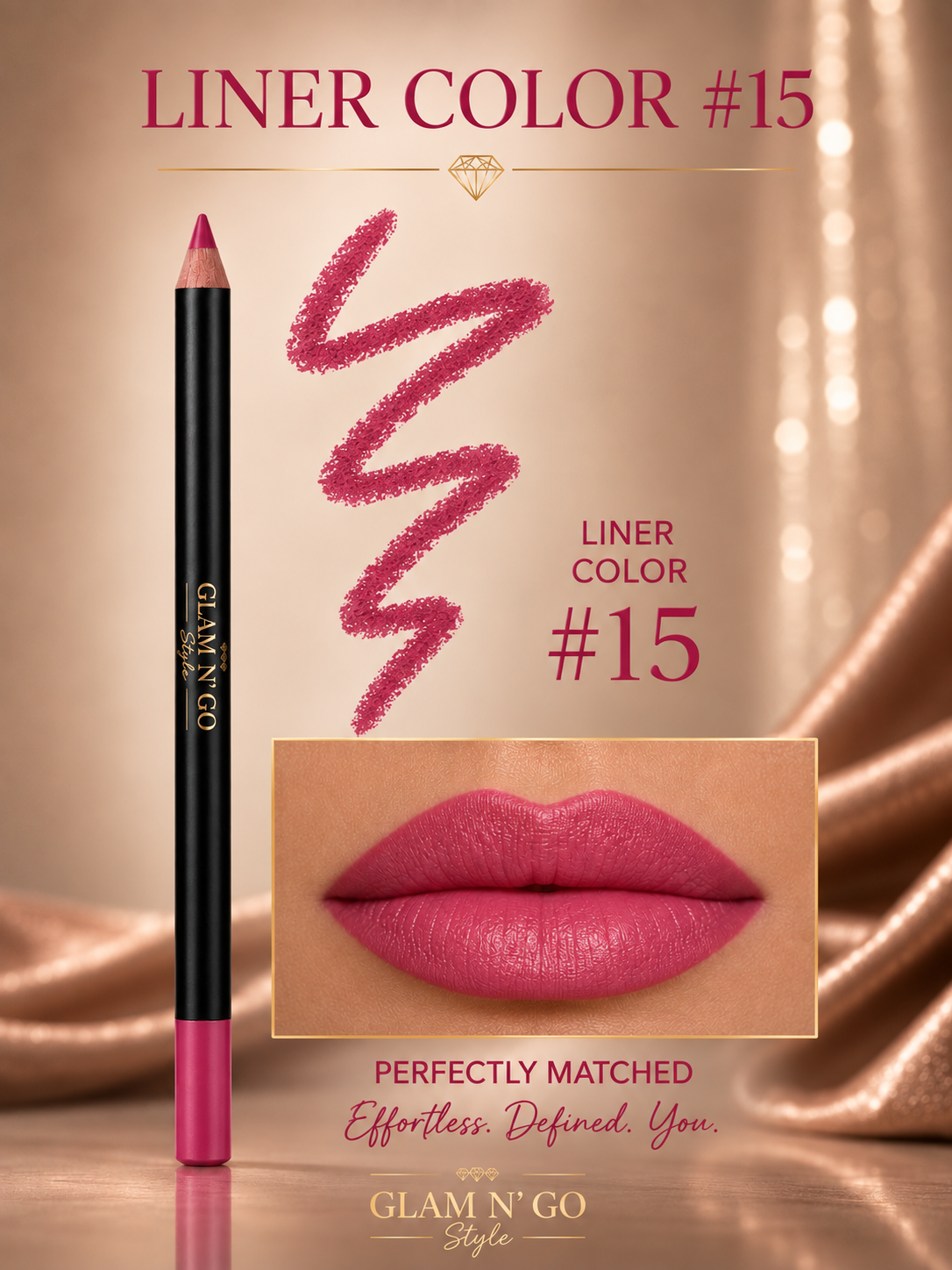 Pink Kiss Lip Kit with soft pink gloss in a gold-capped tube and black lip liner on bronze satin | Glam N' Go Style