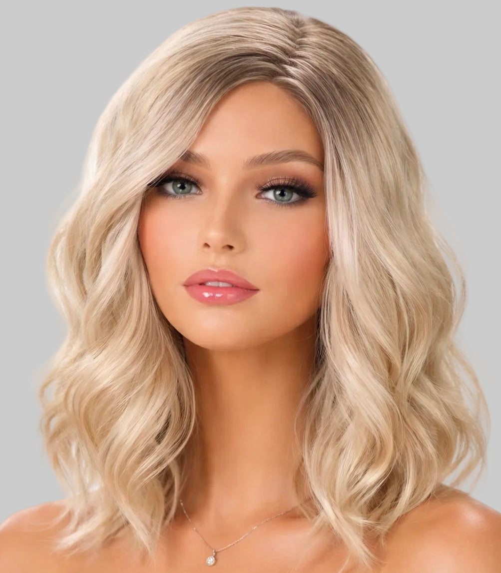 Mannequin head with blonde wavy hair on a white background