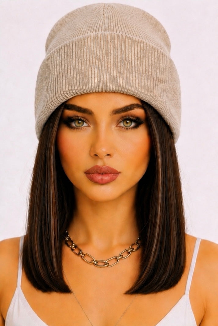 Gorgeous Medium Brown Hair with Beanie Wig- Shoulder Length Hair 12"