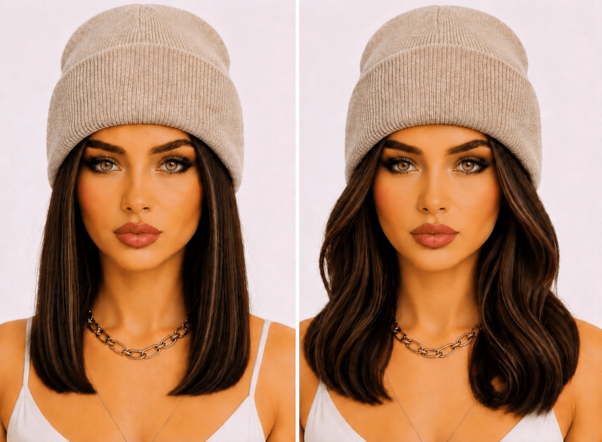 12" Medium Brown Synthetic Beanie Wig | Shoulder-Length Hair | 4 Beanie Colors - Glam N' Go Style