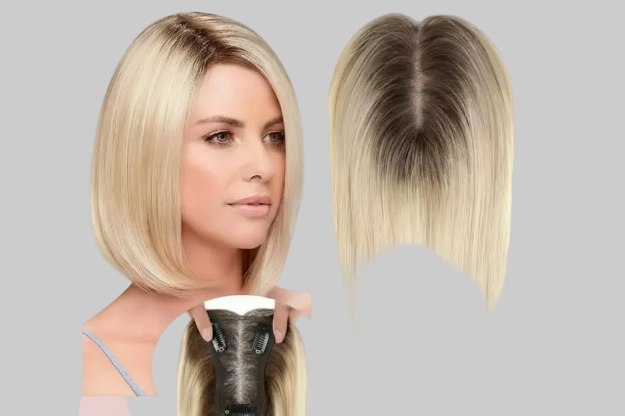 Woman with blonde hair holding a hair extension, showing front and back views.