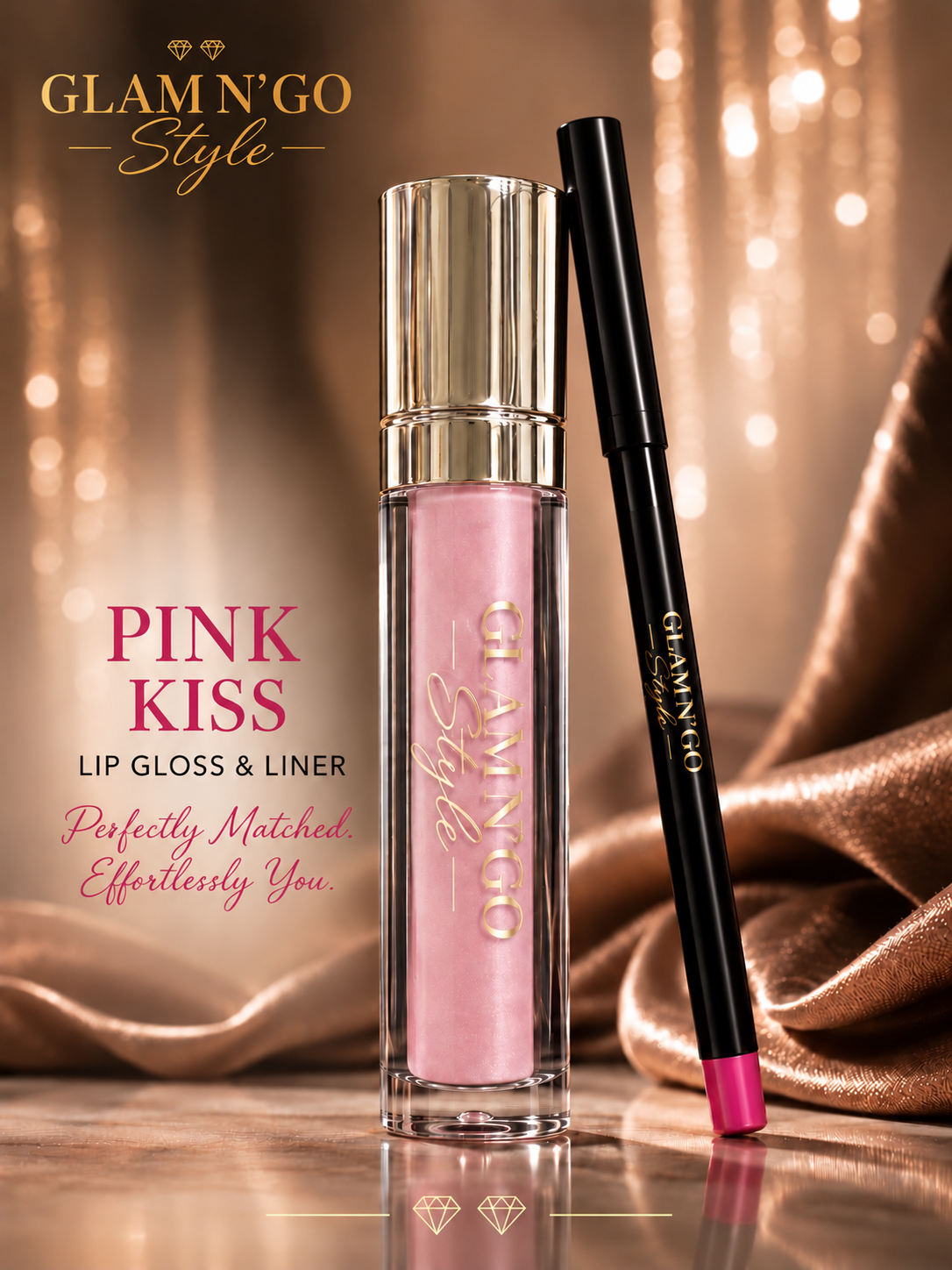 Pink Kiss Lip Kit with soft pink gloss in a gold-capped tube and black lip liner on bronze satin | Glam N' Go Style