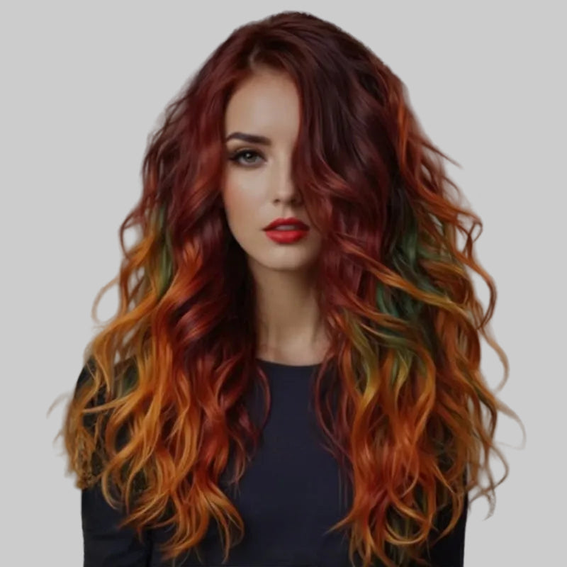 Woman with vibrant, multicolored hair against a glittery gold and gray background