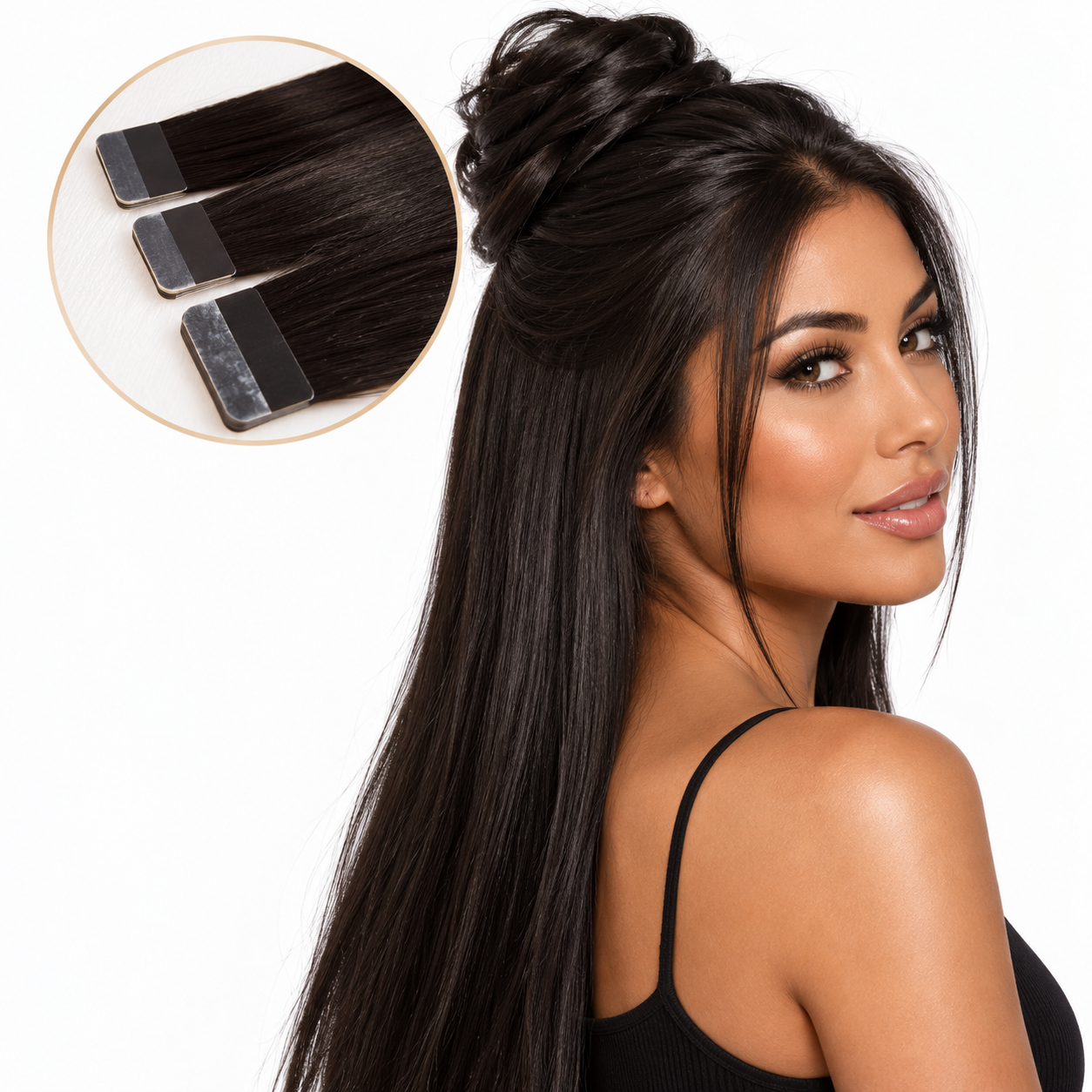Natural Black tape-in extensions on a model with a half-up bun and inset tape bonds | Glam N' Go Style⠋

