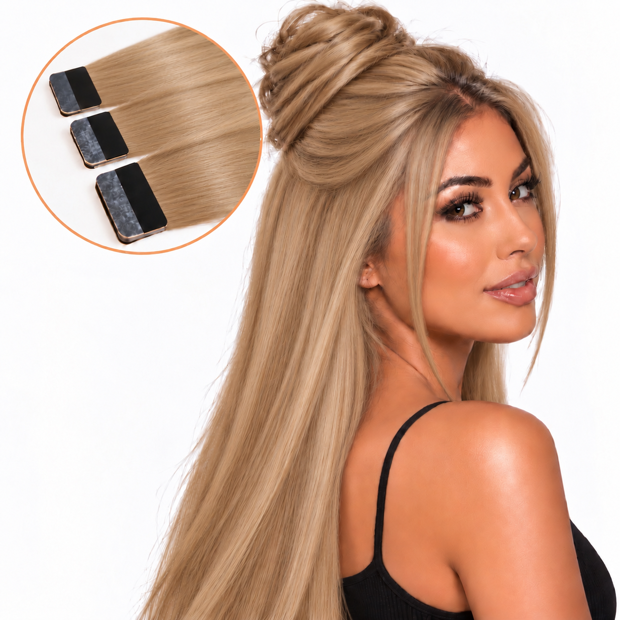 Natural Blonde tape-in extensions on a model with a half-up bun and inset tape bonds | Glam N' Go Style⠋