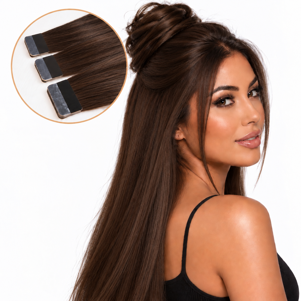 Medium Brown #4 tape-in extensions on a model with a half-up bun and inset tape bonds | Glam N' Go Style⠋
