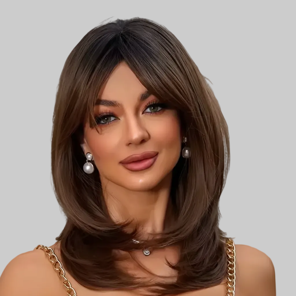 Woman with styled hair and jewelry against a neutral background