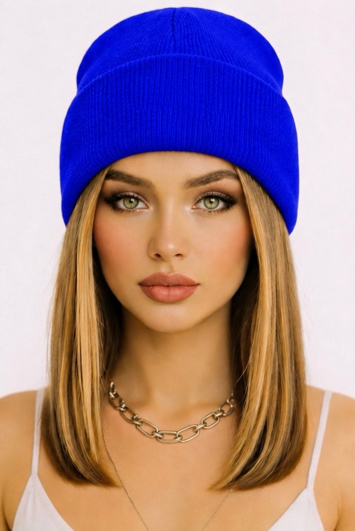 Vibrant Blue Beanie Wig- Blonde Shoulder Length Hair